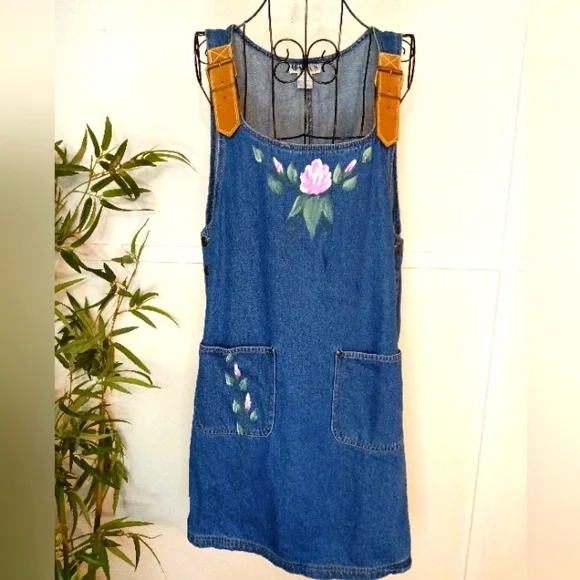 Hanks | Dresses | Vintage 8s 90s Hanks Hand Painted Denim Overall Pinafore  Dress Size Large | Poshmark
